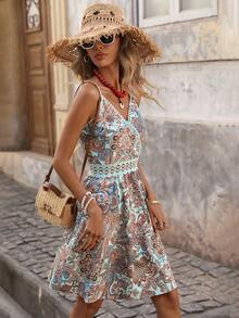 Brillora Summer Beach Tropical Print Guipure Lace Insert Cami Dress - Blue - View 4