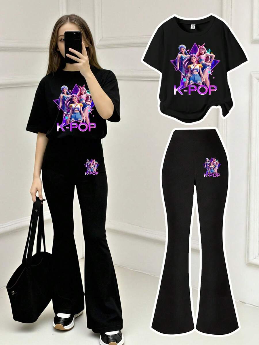 Tween Girl K-Pop Graphic Print Casual Comfortable Black Short Sleeve T-Shirt & Black Flare Pants Set, Suitable For All Seasons, Daily Wear, Outdoor Activities - Black - View 1