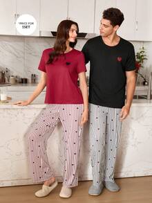 CoupledUp 男士休闲条纹爱心印花短袖睡衣套装 - 黑色 - 查看 3