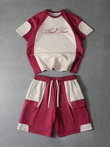 PAVTROS 男士街头风时尚短袖T恤短裤套装（2件套），复古学院风，针织短袖T恤，圆领T恤，松紧腰抽绳短裤，针织运动套装，十字架和标语图案，复古美式，运动撞色，哥特字体，宽松版型，街头舞者/说唱歌手服装，慵懒休闲套装，男女皆宜，男友礼物，节日礼物 - 彩色 - 查看 3