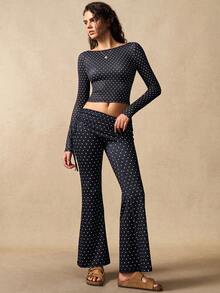 VARSIVA 女士波点露背圆领长袖T恤，时尚百搭，适合日常、户外和运动穿着。 - 黑色 - 查看 5