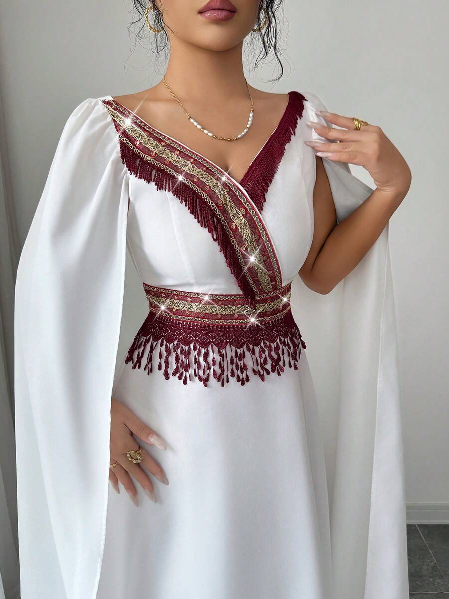 Yasmyna Women's V-Neck Fringe Sequin Patchwork Elegant Arabic Style Dress - White - View 1