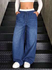 SHEIN Teenager Mädchen Y2K Herbst Blaue & Weiße Lässige Gestreifte Weite Bein Jeans Hose, Mit Kontrastierendem Bund Und 2-in-1 Design - Mittele Waschung - Übersicht 5
