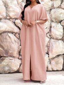 SHEIN Lady Jesienno-zimowa praca w kolorze zielonym, z wycięciem, z rękawami typu nietoperz, sukienka kaftan, sukienki w dużych rozmiarach, stroje wakacyjne, stroje plażowe dla kobiet, sukienka na wakacje na plaży, sukienka na wesele, sukienka dla gościa, sukienka biznesowa, swobodna, sukienka na studniówkę - Różowy - Zobacz 4