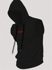 Manfinity Acti Log Men's Slogan & Barbell Print Drawstring Hooded Sports Tank Top - Black - View 3