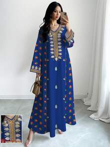 SHEIN Najma Women's Floral Embroidery Print V-Neck Long Sleeve Elegant Arabic Maxi Dress, Spring/Autumn - Multicolor - View 1