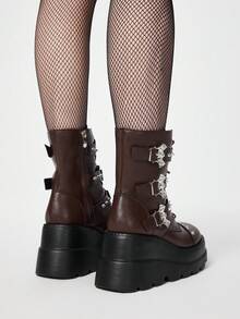 ROMWE Grunge Punk Giày bốt da PU màu tối đế dày kiểu punk thời trang mới năm 2025, bốt cổ ngắn kiểu Gothic mỏng cho nữ, thích hợp cho mùa thu/đông và Giáng sinh. - màu nâu - Xem 5