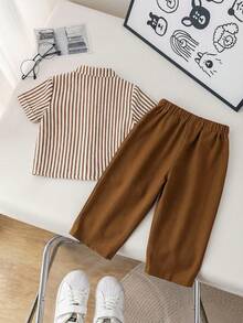 SHEIN Baby Boys Everyday Casual Co-Ord Set With Striped Stand Collar Short Sleeve Shirt And Long Pants Button Front Multicolored Polyester Outfit - Multicolor - View 2