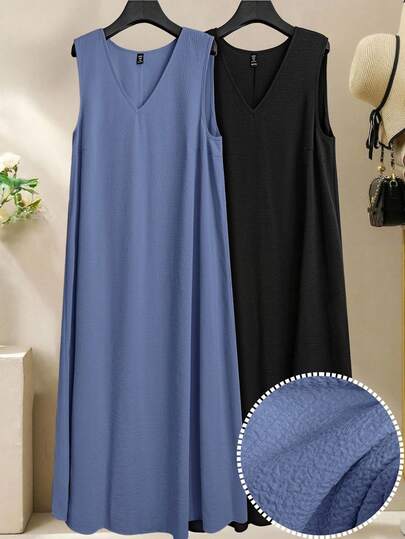 Al Najma 大码女式纯色简约V领无袖连衣裙，休闲款