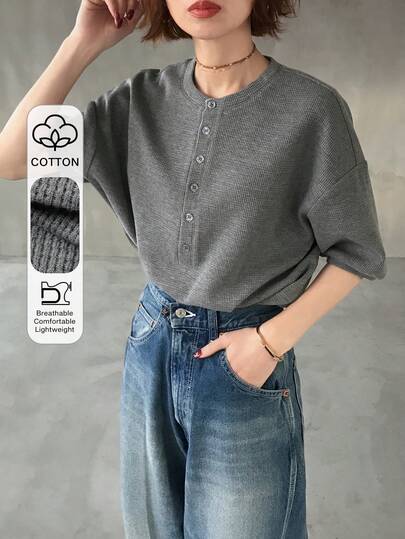 FRIFUL 女士休闲纯色落肩纽扣T恤，夏季