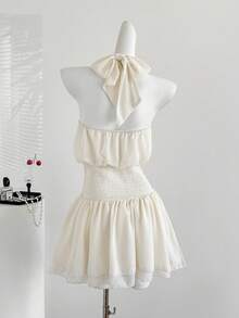 Sweetra Elegant Metal Buckle Criss-Cross Tie Waist Ruched Asymmetric Hem Romantic French Style Spring Fashion New Women Dress - Apricot - View 2