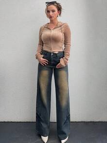 Jeta Ari 女式复古宽松牛仔裤，宽松牛仔裤 - 中等水洗藍 - 查看 1