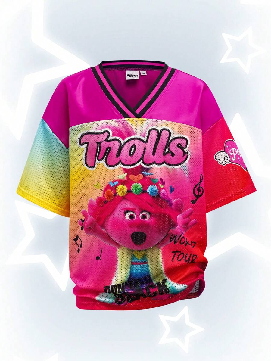 SHEIN Trolls 1pc Tween Girl Casual Cartoon Letter Ombre Loose Fit Short Sleeve Breathable Mesh T-Shirt, Sporty Style - Multicolor - View 1