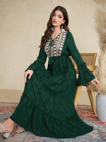 Al Najma Women's Elegant Sequin Patchwork Flare Sleeve Dress, Autumn - Dark Green - View 1