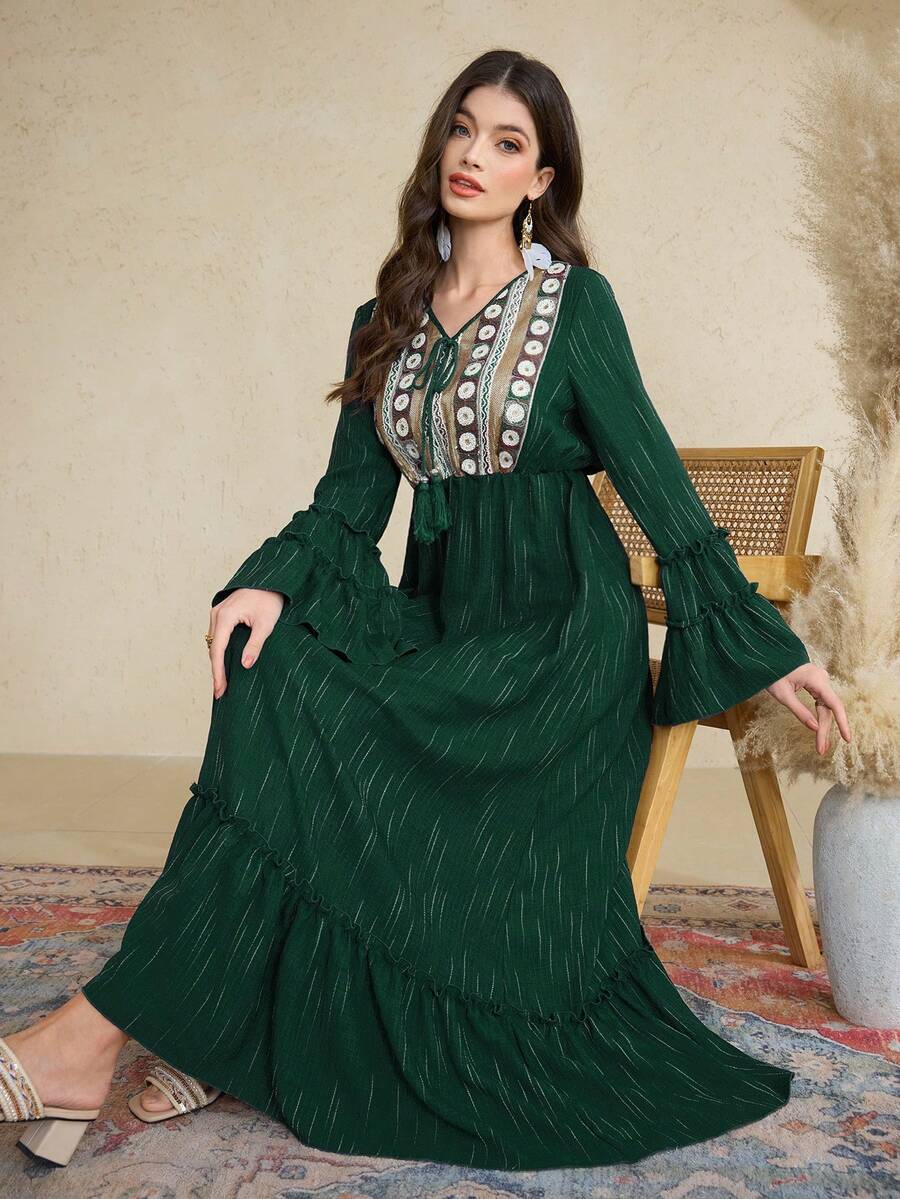 Al Najma Women's Elegant Sequin Patchwork Flare Sleeve Dress, Autumn - Dark Green - View 1