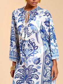 Travachic 女士棕榈树印花V领喇叭袖罩衫连衣裙，度假款 - 彩色 - 查看 5