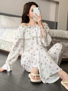 DAZY 浪漫花卉露肩荷叶边女士睡衣套装 - 白色 - 查看 7