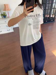 DAZY Women's Casual Letter Print Loose Fit T-Shirt And Pants Pajama Set - Apricot - View 5