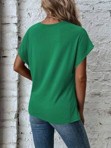 SHEIN LUNE 女士圆领蝙蝠袖扭结下摆休闲纯色T恤 - 綠色 - 查看 2