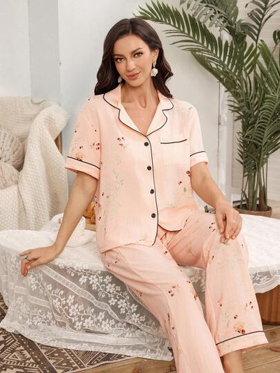 SHEIN Dampyjamas med fjärils- och trollsländetryck, kontrasterande kant och slag, kortärmat, vår/sommar/höst