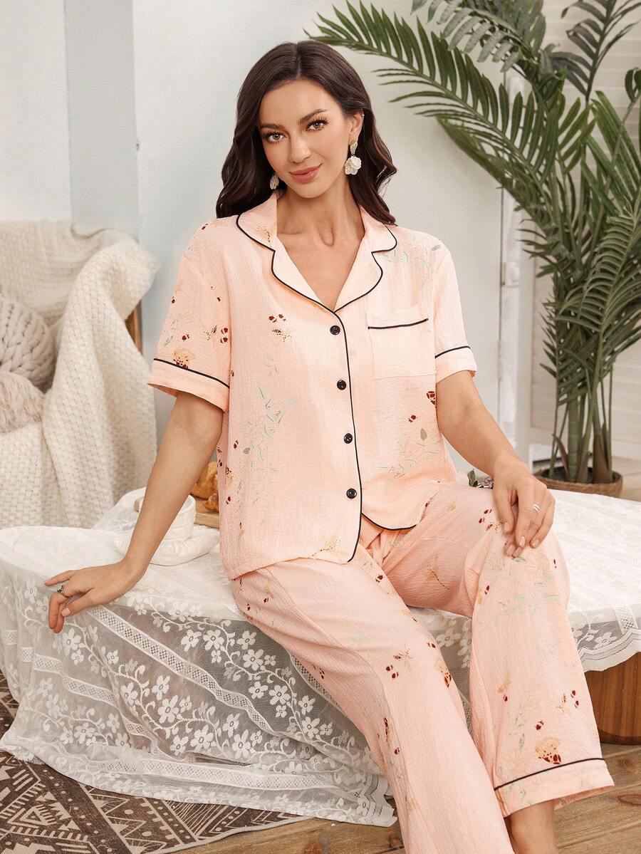 SHEIN 女士蝴蝶蜻蜓印花撞色翻领短袖睡衣套装，春夏秋季 - 粉色 - 查看 1