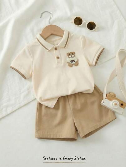 Cozy Pixies 2pcs Baby Boy Cartoon Bear Pattern Polo Collar Short Sleeve Snap Button Top And Elastic Waist Shorts Set