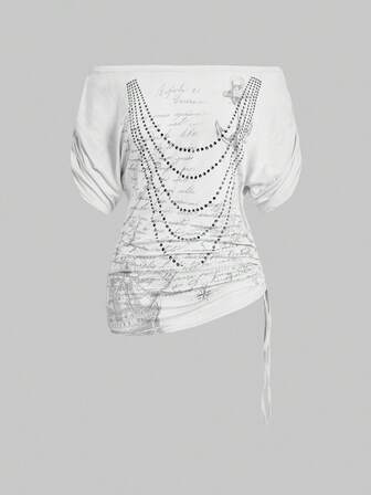 Grunge Punk T-shirt court à manches courtes pour femmes avec imprimé sexy de marin épaules dénudées, style Y2K