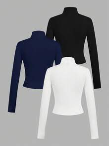 SHEIN EZwear 3件套休闲简约白色、黑色、藏蓝色针织拉链长袖T恤（女款） - 彩色 - 查看 3