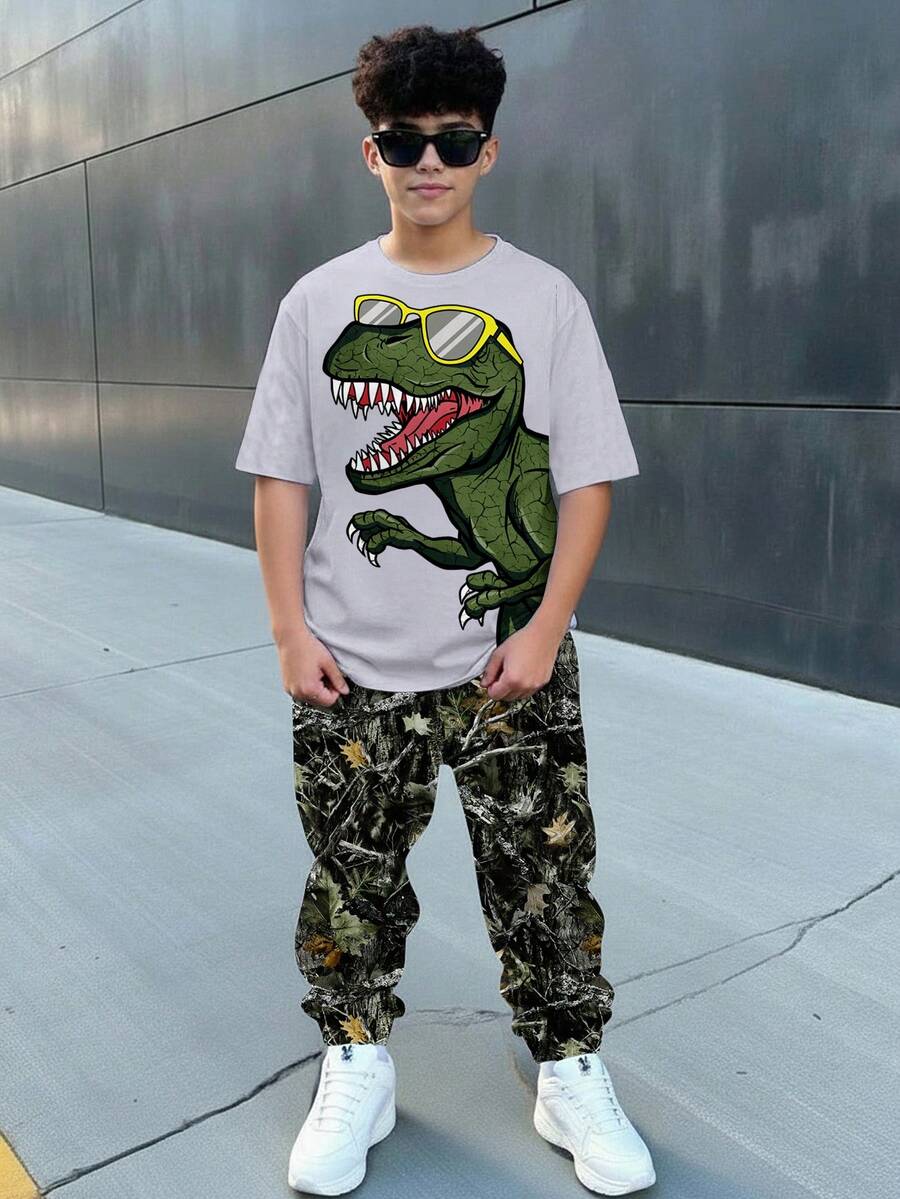 青少年男童新款休闲简约Y2K恐龙印花运动风美式复古宽松舒适时尚简约圆领短袖T恤和裤子套装 - 彩色 - 查看 1