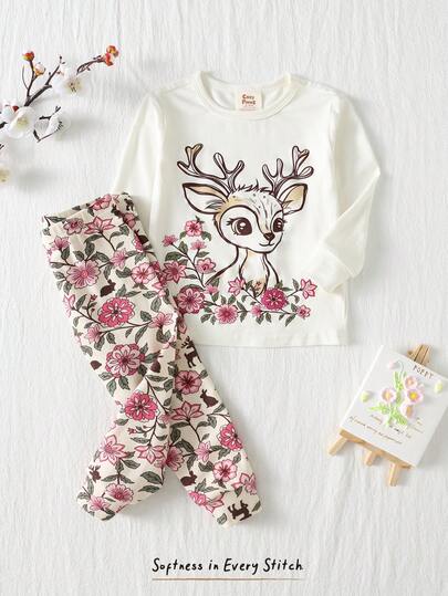Cozy Pixies 女婴卡通动物花卉小鹿印花柔软针织圆领长袖上衣和松紧腰长裤两件套睡衣，适合春、夏、秋、冬四季穿着，休闲、室内、室外、返校、日常、运动、玩耍、派对等场合。