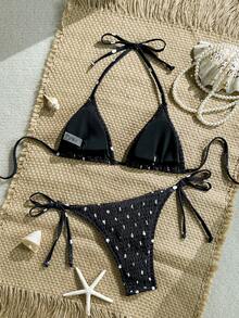 Swim Vcay 2pcs Women's Summer Beach Vacation Ruched Leopard Print Halter Tie Bikini Set - Multicolor - View 2