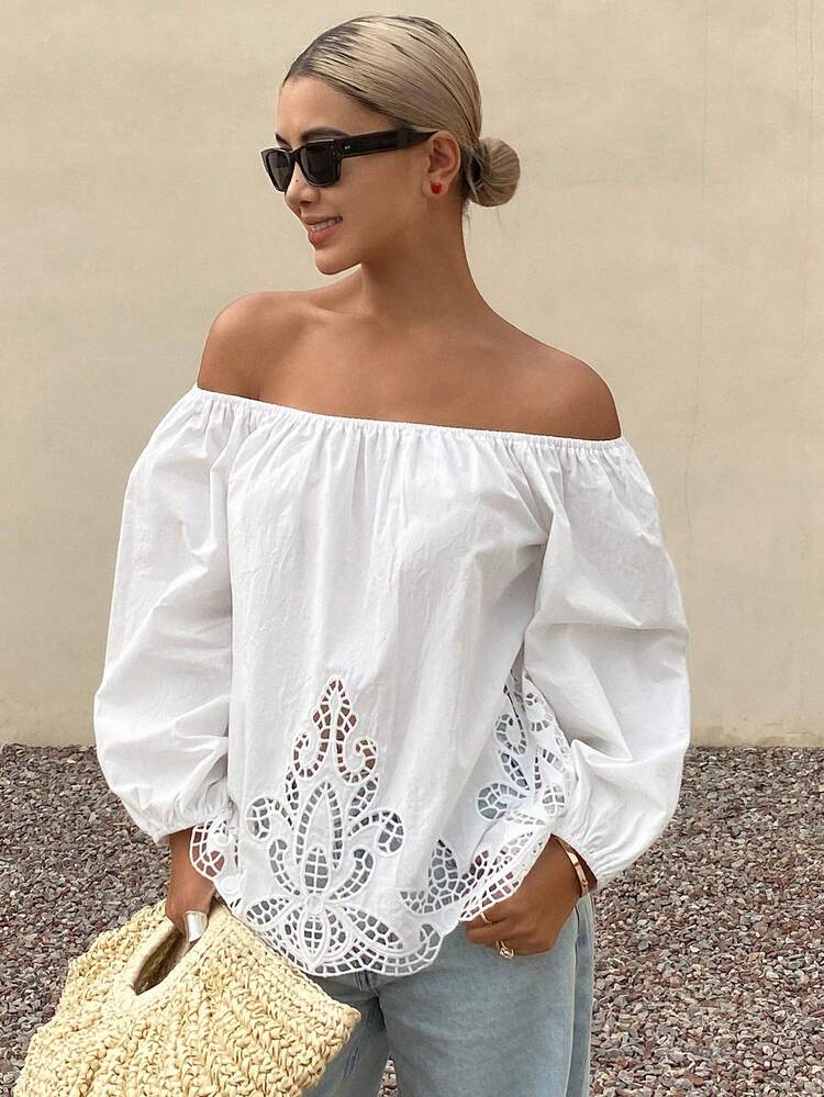 Women's Loose Solid Off Shoulder Long Sleeve Hollow Embroidered Casual Holiday Blouse Top, Summer Vacation Women Boho