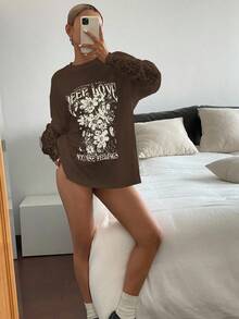 DAZY 女士撞色蕾丝字母印花宽松休闲夏季上衣T恤长袖Y2K图案T恤 - 棕色 - 查看 4