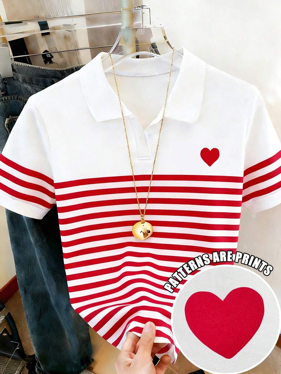 Resyla Camiseta de mujer con estampado de corazón a contraste de color, parches y rayas, de manga corta y casual para uso diario - Multicolor - Ver 1