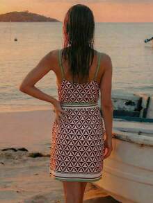 CAJUNI 女士度假几何条纹印花系腰吊带连衣裙 - 卡其色 - 查看 2