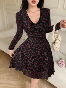 Feyla Women's Elegant Ditsy Floral V-Neck Bowknot Decor Waist Cinched Short Dress, Suitable For Spring/Autumn - Pink - View 4