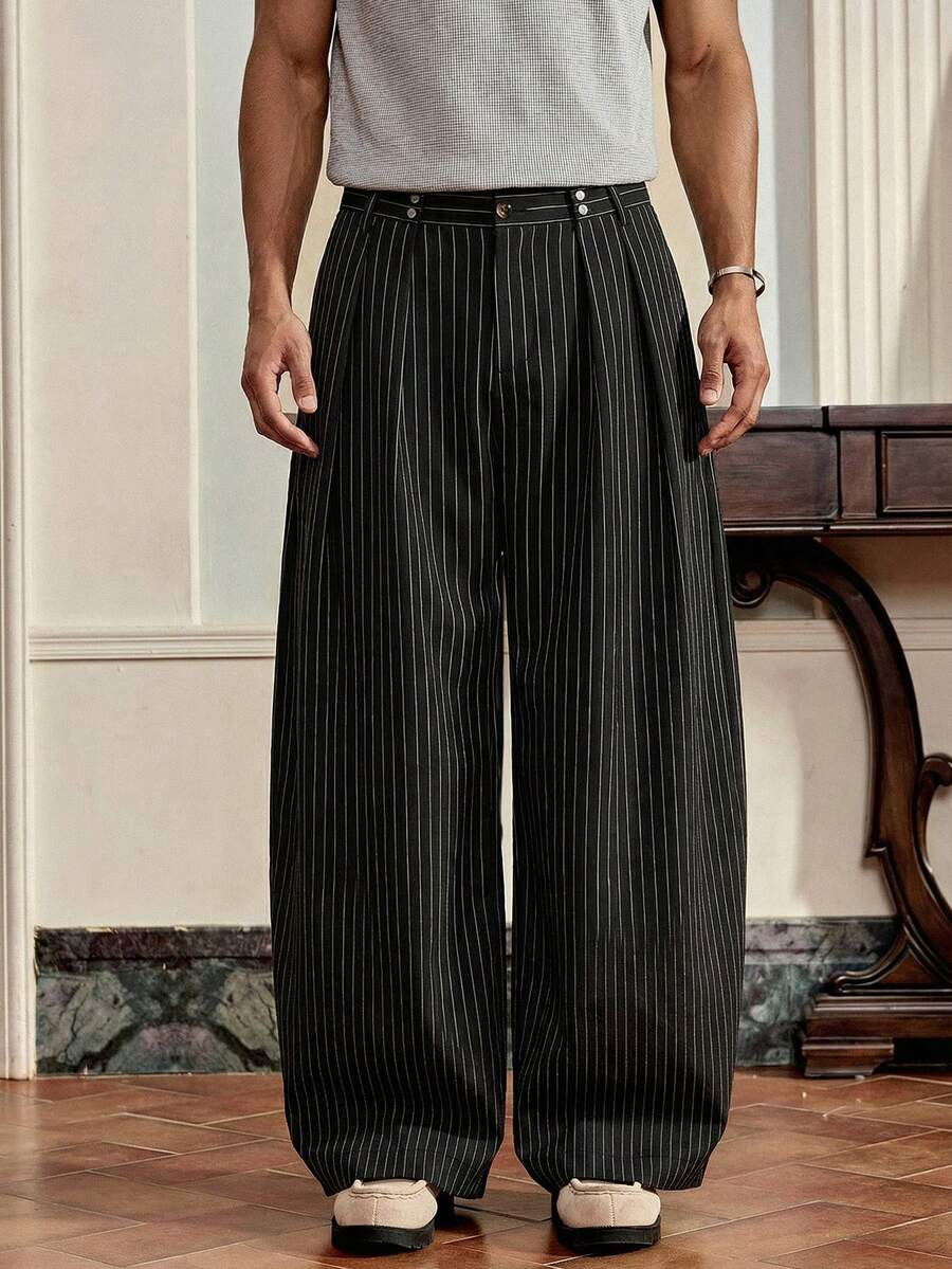 SWAVVY 男士时尚条纹褶皱阔腿宽松裤 - 黑色 - 查看 1