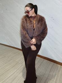 MDEdit 秋冬女士前开蓬松大衣 - 鏽棕色 - 查看 6