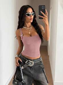 StreetHx 女士时尚夏季可调节肩带方领吊带衫 - 藕粉色 - 查看 6