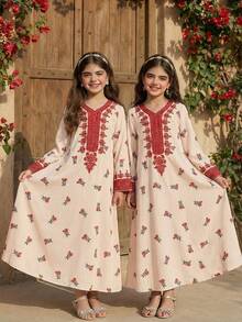 SHEIN Tween Girl Floral Print V-Neck Long Sleeve Loose Dress Long Modest Dresses For Girls - Multicolor - View 13