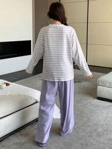 DAZY 2件套女士可爱长颈鹿印花条纹宽松开衫长袖套装和直筒长睡裤套装，春秋季 - 淡紫色 - 查看 2