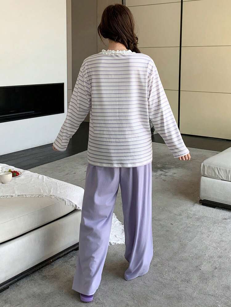 2pcs Women Cute Giraffe Print Striped Loose Cardigan Long Sleeve & Straight Leg Long Pajama Pants Set, Spring/Autumn