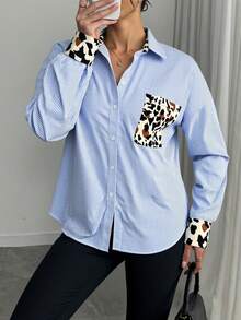 EURMUSE Leopard Detailed Button-Down Long Sleeve Blouse - Blue - View 3