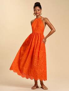 Travachic 女士镂空刺绣休闲吊带连衣裙，春夏度假装，优雅派对礼服，夏季连衣裙，沙滩裙，婚礼派对礼服，女士优雅连衣裙，女士度假装 - 橘色 - 查看 5