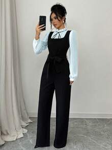 Selianne 女士秋季撞色高腰直筒连体裤套装（含衬衫） - 淺色水洗藍 - 查看 5