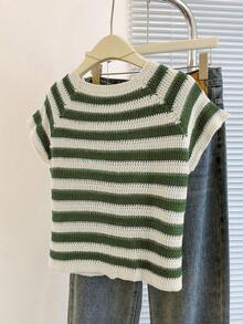 Franclia Multicolor Striped Knitwear Cardigan For Women Casual Short Length Cap Sleeve Round Neck Split Details - Multicolor - View 2