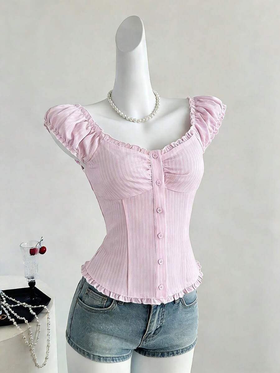 Sweetra Women's New Stylish Pink Striped Puff Sleeve Frill Trim Fitted Blouse, Spring/Summer, Suitable For Dates And Casual Outings - Baby Pink - View 1