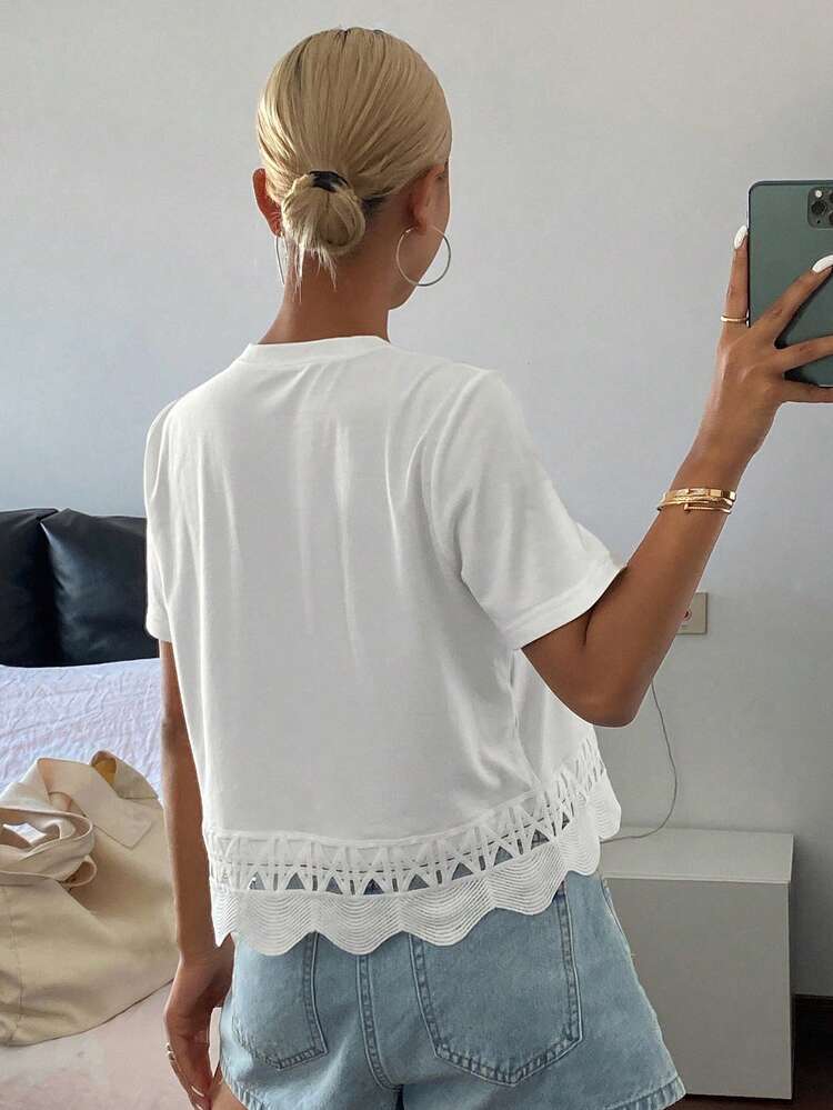 Women Solid Color Fitted Round Neck Short Sleeve Lace Patchwork Casual Summer Top T-Shirt