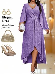 Fleurora Váy dạ hội mùa xuân hè, thu đông thanh lịch, thích hợp cho tiệc cưới, ngày lễ tình nhân, tiệc cocktail, hòa nhạc/lễ hội âm nhạc, màu tím, dệt, cổ áo xếp lớp, tay áo xòe xẻ tà, tay dài, cỡ lớn, quần áo mùa đông, váy nữ, váy thu đông thanh lịch dự tiệc, váy dự tiệc sang trọng, váy thanh lịch cho nữ, váy thanh lịch cho quý cô, váy sang trọng, váy lấp lánh, váy dự tiệc cưới lấp lánh cho nữ, váy cao cấp, váy lấp lánh - Màu tím - Xem 1