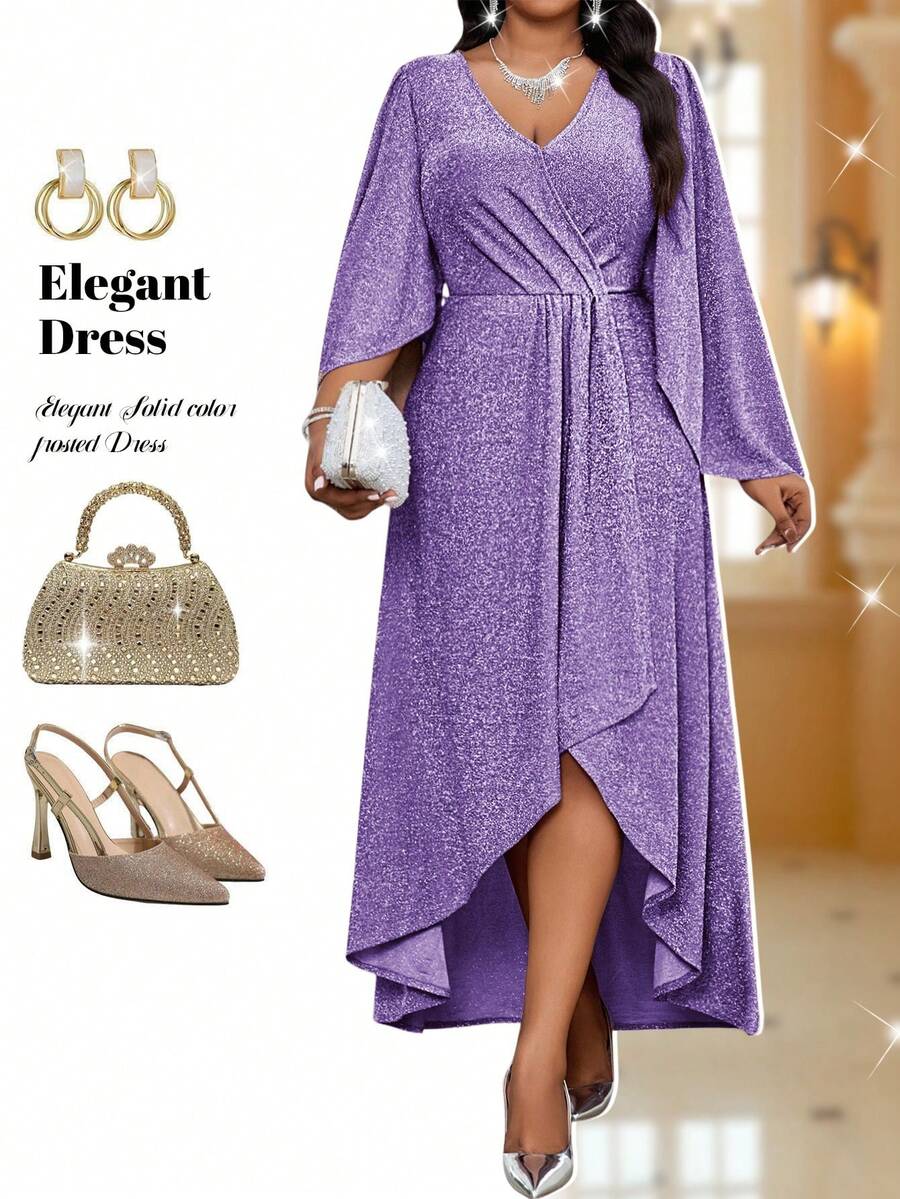 Fleurora Váy dạ hội mùa xuân hè, thu đông thanh lịch, thích hợp cho tiệc cưới, ngày lễ tình nhân, tiệc cocktail, hòa nhạc/lễ hội âm nhạc, màu tím, dệt, cổ áo xếp lớp, tay áo xòe xẻ tà, tay dài, cỡ lớn, quần áo mùa đông, váy nữ, váy thu đông thanh lịch dự tiệc, váy dự tiệc sang trọng, váy thanh lịch cho nữ, váy thanh lịch cho quý cô, váy sang trọng, váy lấp lánh, váy dự tiệc cưới lấp lánh cho nữ, váy cao cấp, váy lấp lánh - Màu tím - Xem 1